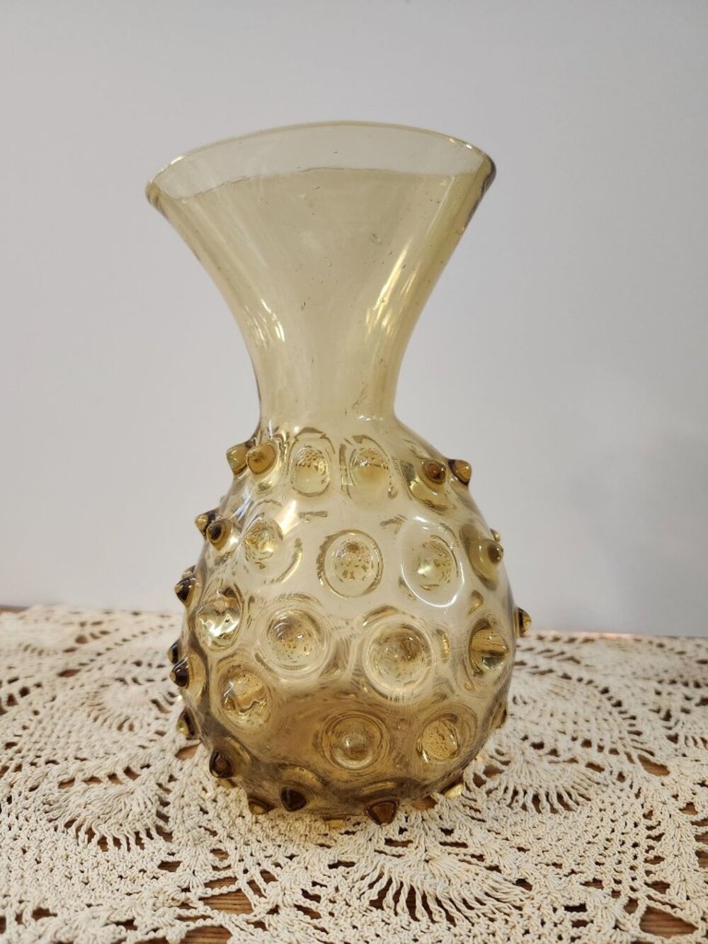 Empoli Italian Glass Abstract Hobnail Amber Vase 7" Vintage